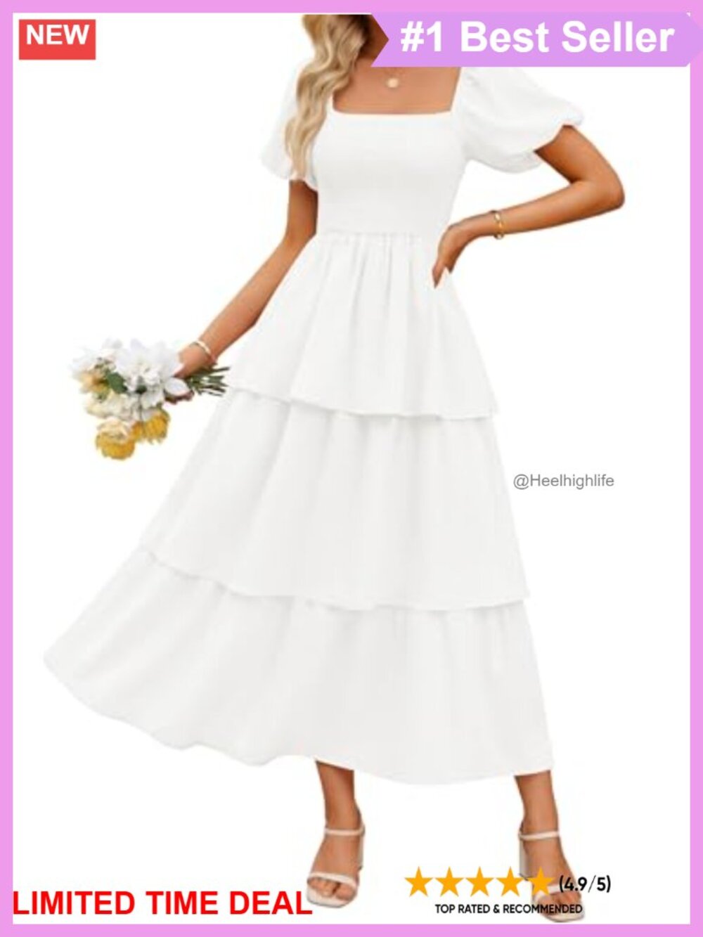 Puff Sleeve Square Neck Smocked Tiered Midi Dress Backless Lace Up